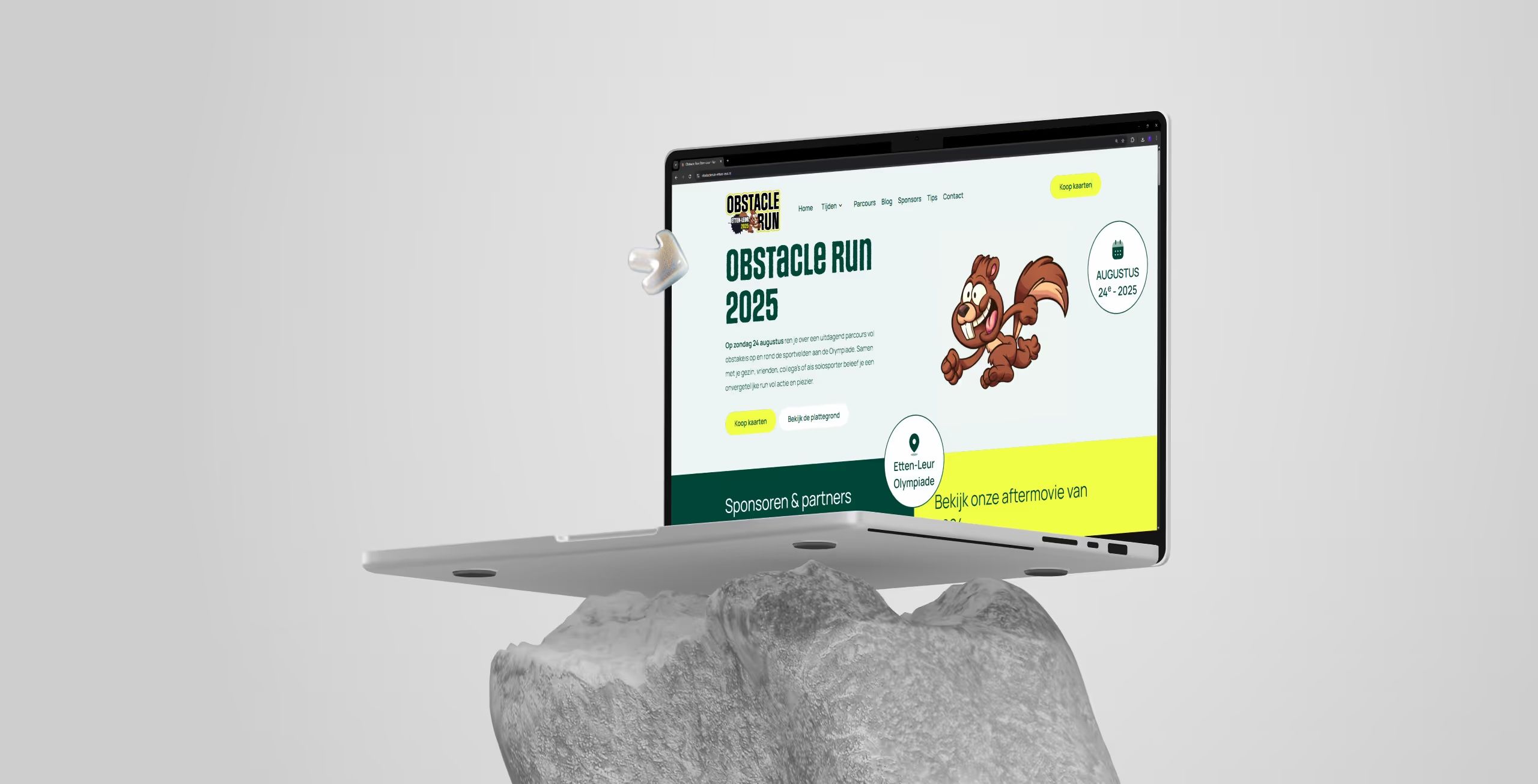The Obstacle Run Etten-Leur website on a laptop: the title ‘Obstacle Run 2025’ with a button to buy tickets.